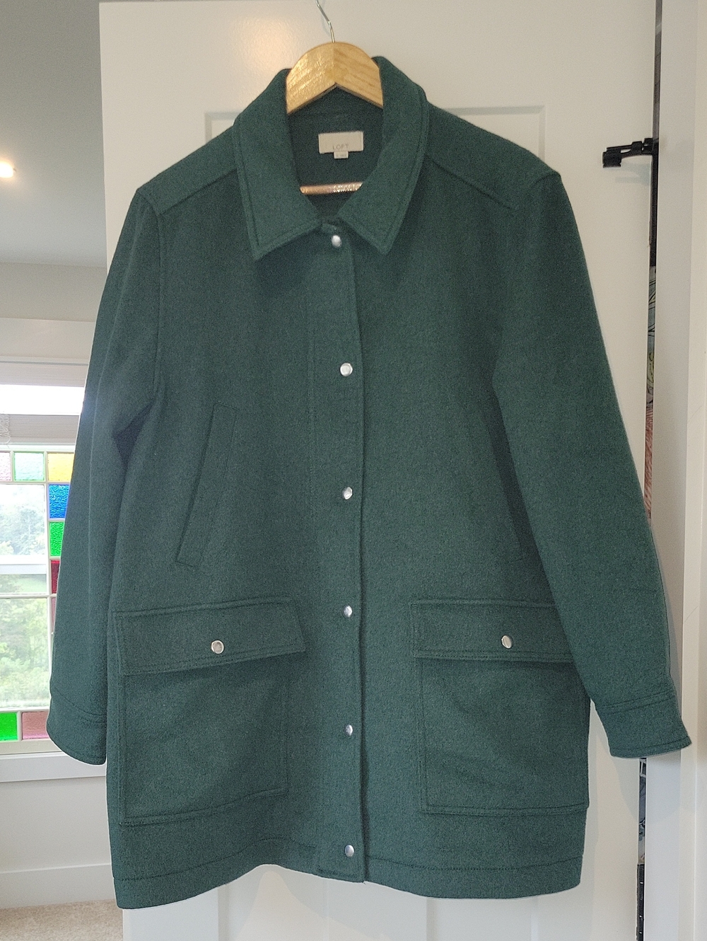 LOFT Dark Pine Green Snap-Front Wool Blend Pea Coat